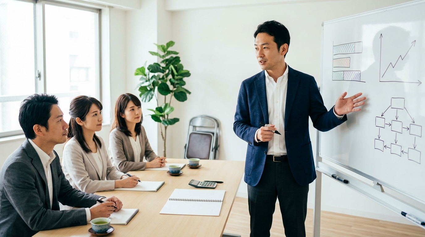 明るい会議室で、ホワイトボードに図を描きながら会計の説明をする講師と、それを聞く4名の受講者